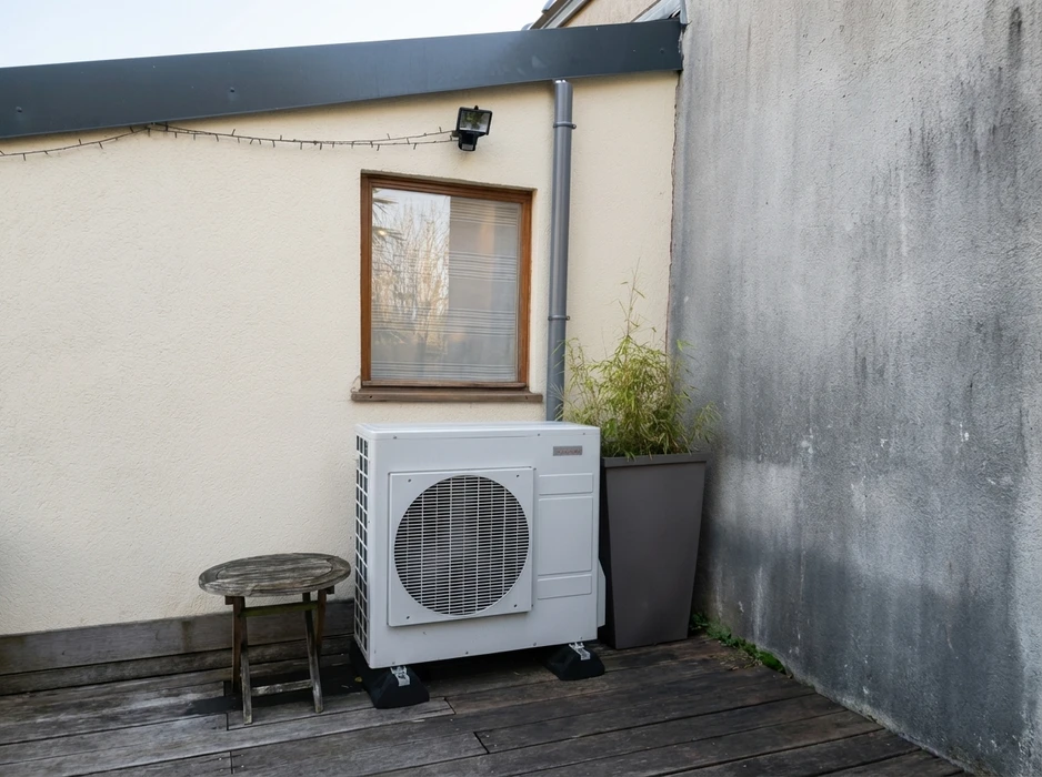 Extérieur d'une maison, terrasse en bois avec une unité extérieure de pompe à chaleur air/air blanche installée contre un mur enduit beige