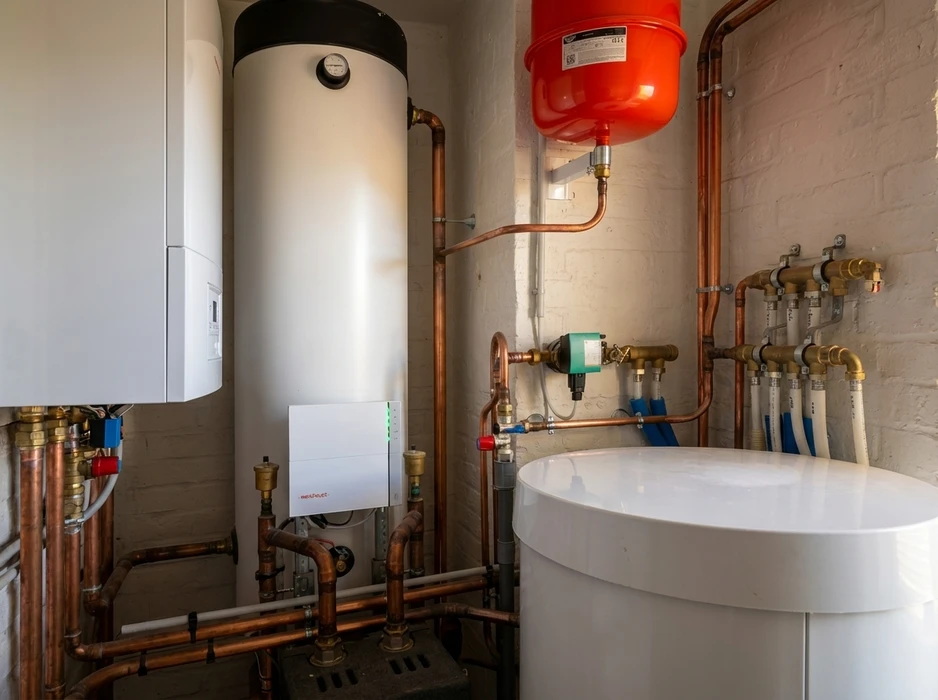 Chaufferie résidentielle avec chaudière murale à condensation, ballon d'eau chaude sanitaire vertical, vase d'expansion rouge, réseau de tuyauterie en cuivre, collecteur de distribution hydraulique avec vannes laiton, filtre désemboueur vert, nourrices de plancher chauffant avec tubes PER bleus et blancs