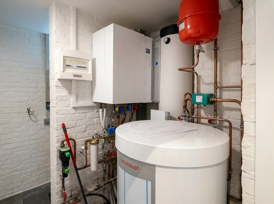 Scène industrielle intérieure montrant un système de chauffage avec chaudière blanche équipée de vannes dorées, manomètres et régulateurs