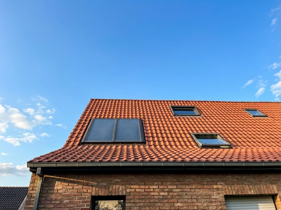 Scène extérieure montrant l'installation de panneaux solaires thermiques sur une toiture résidentielle sous ciel bleu dégagé