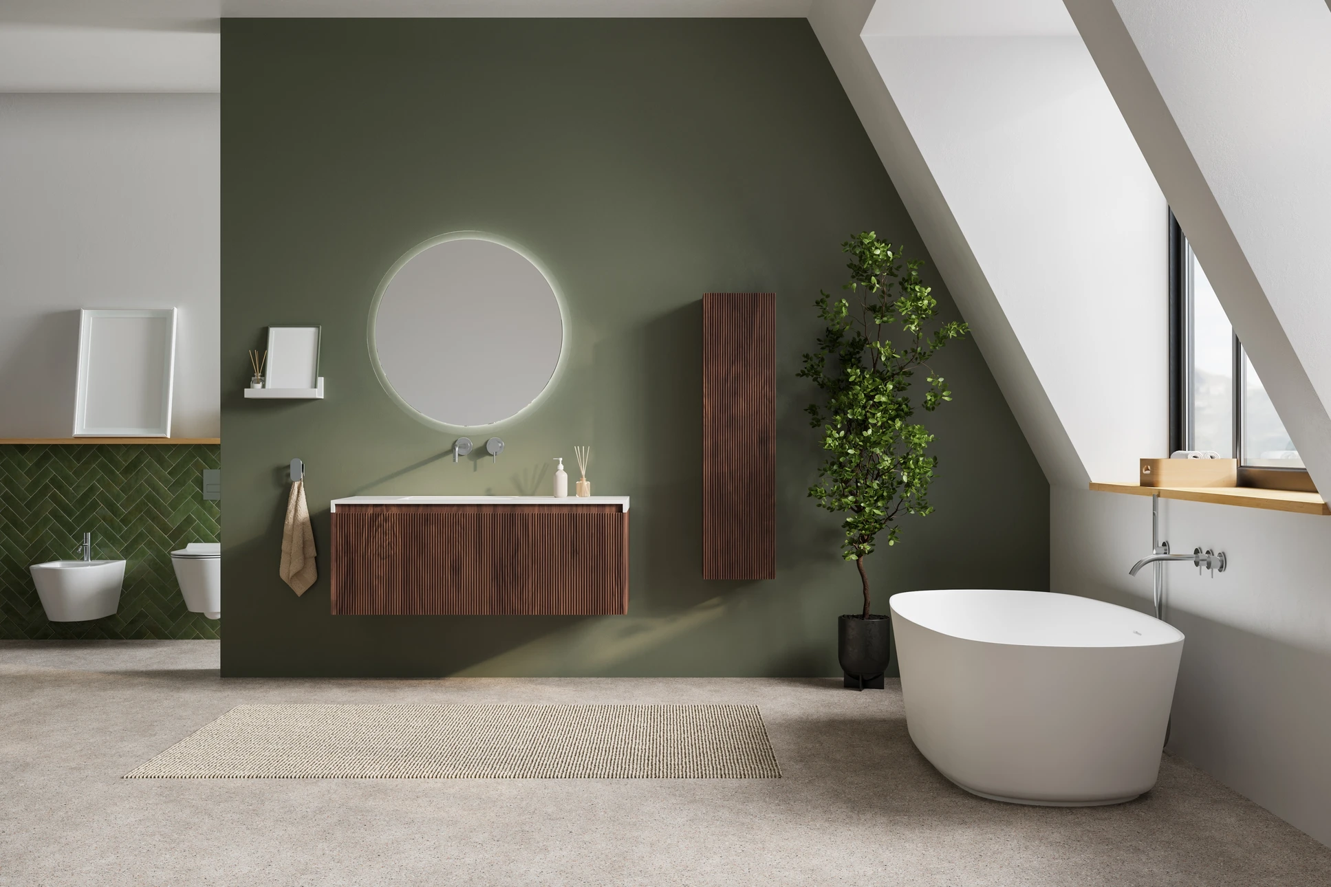 Salle de bain moderne avec baignoire encastrée blanche, vasque intégrée au plan de travail, robinetterie chromée contemporaine et miroir mural