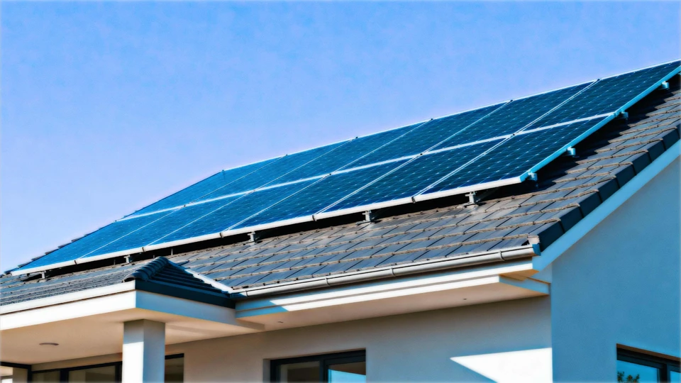 Toiture résidentielle avec tuiles rouges équipée de panneaux solaires photovoltaïques et chauffe-eau solaires thermiques sous ciel bleu dégagé